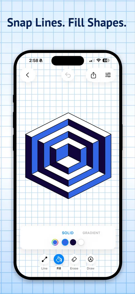 Concentric hexagon optical illusion drawn in blues on graph paper, with the Fill tool active and solid color swatches
