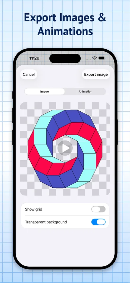 Export sheet with Image and Animation tabs showing a ring of colored cubes on a transparent background, with Show grid and Transparent background toggles