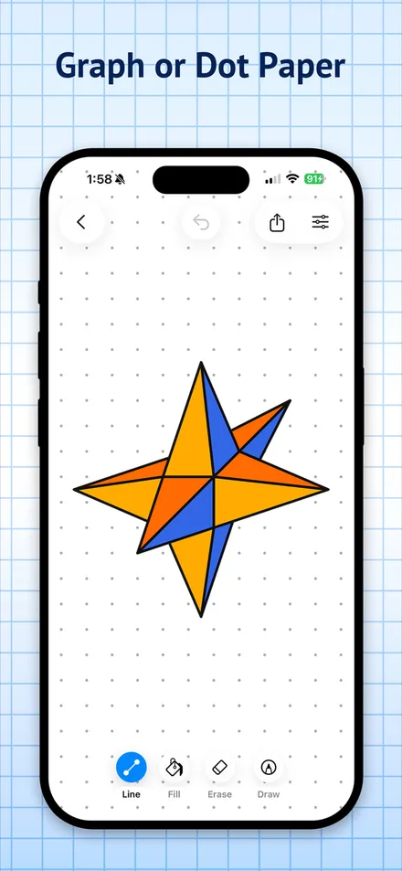 Orange and blue 3D star drawn on dot paper with the Line tool selected