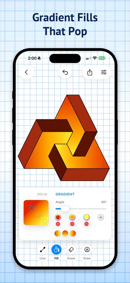 Interlocking 3D triangle shape filled with orange-to-yellow gradients, with the gradient fill panel open showing a 45-degree angle slider and color stops